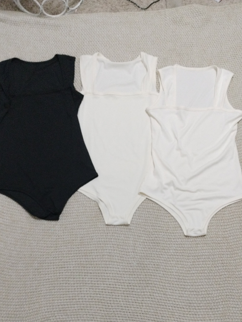 Women's Three Piece Bodysuit Set Creme,Off White And Black. Square Neck Line